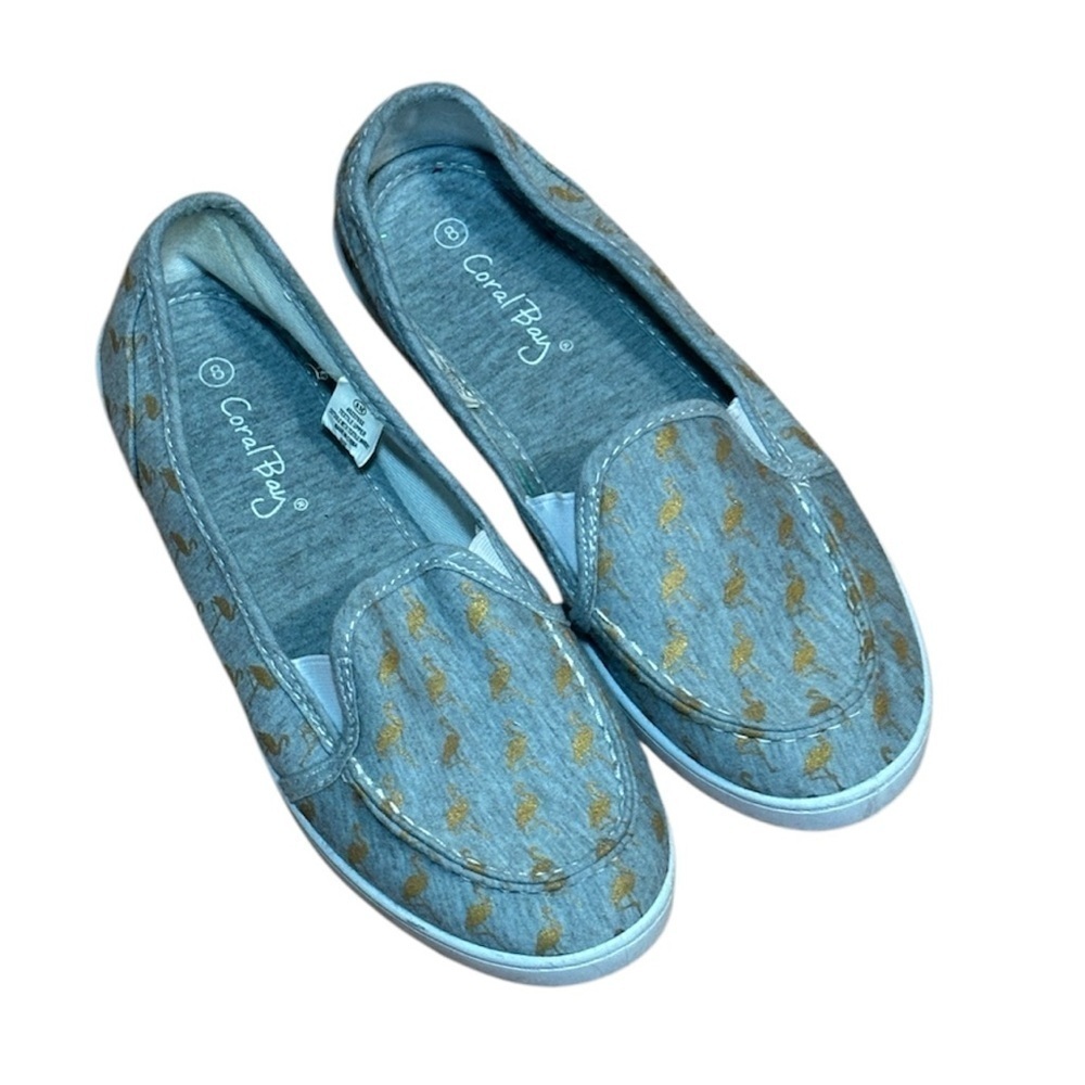 Coral Bay Flamingo Loafers, Slip on Grey Fabric Shoes, 8